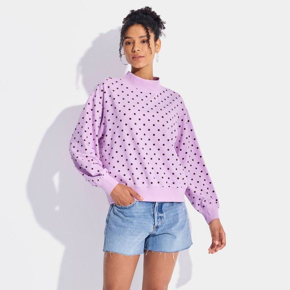 Women'S Mock Neck Pullover Sweatshirt - Purple Polka Dots L